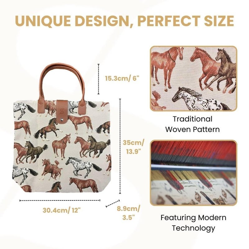 Signare Tapestry Foldable Tote Bag Reusable Shopping Bag Grocery Bag With Running Horse (FDAW-RHOR) - Image 2